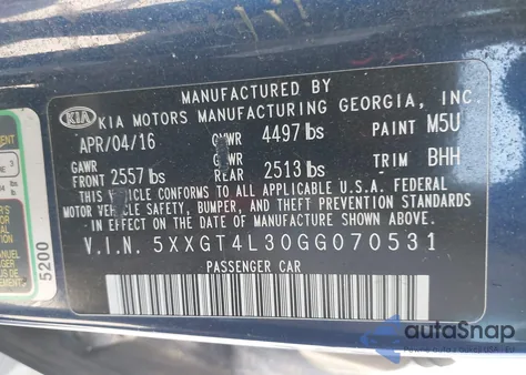 2016 Kia Optima Lx from USA, damaged, VIN 5XXGT4L30GG070531